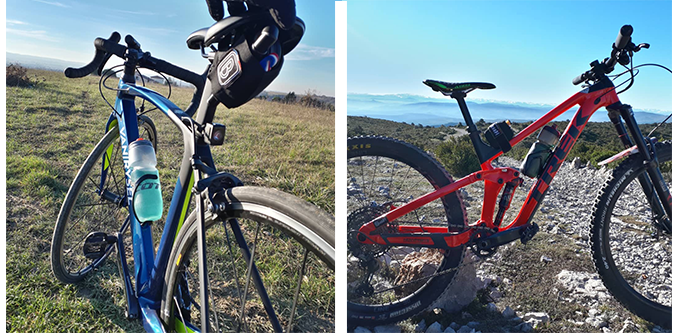 En photo à gauche Besace classic la sacoche de selle organisée fabriquée en France - A droite Besace BRAAP! la sangle de cadre organisée fabriquée en France
