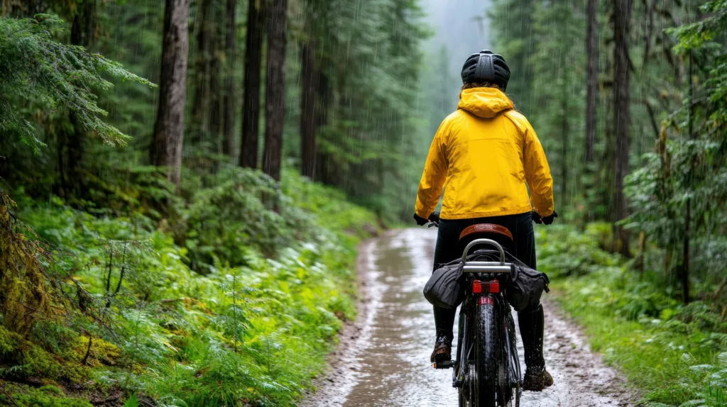 faire du vélo par temps de pluie demande un minimum d'équipement sérieux pour ne pas finir sa route détrempé